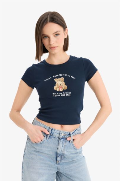 Fitted Crew Neck Photo Printed Ribbed T-Shirt