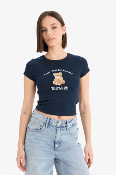 Fitted Crew Neck Photo Printed Ribbed T-Shirt