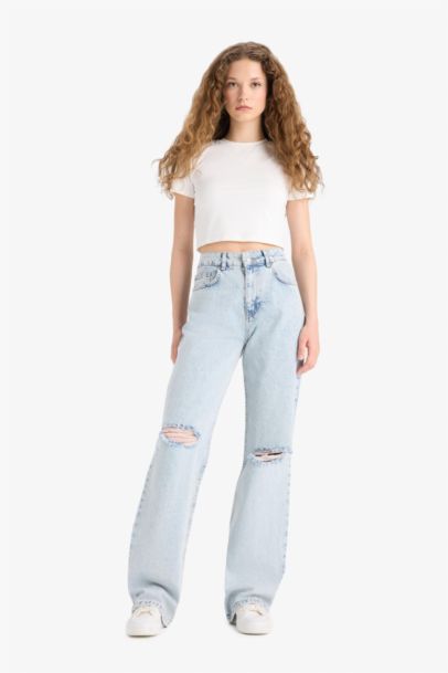 Jean taille haute à déchirures et effet délavé Coupe droite