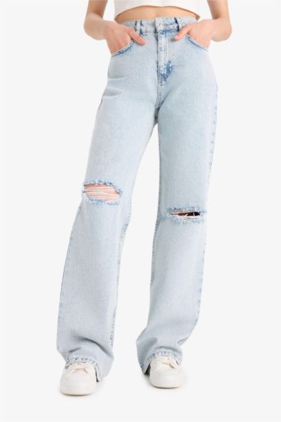 Jean taille haute à déchirures et effet délavé Coupe droite