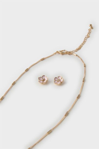 Woman Pink Pearl Floral Gold Necklace Earring Set