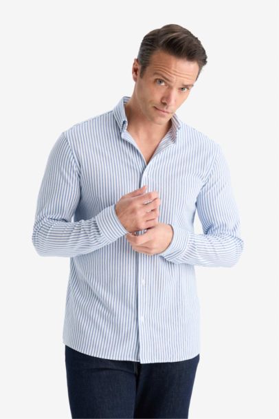 Regular Fıt Polo Yaka Çizgili Penye Uzun Kollu Gömlek