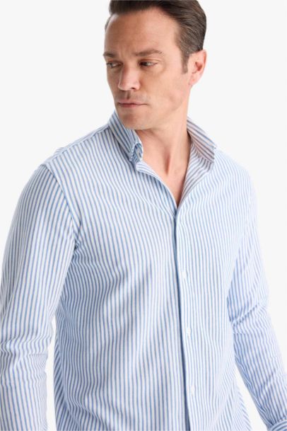 Regular Fıt Polo Yaka Çizgili Penye Uzun Kollu Gömlek