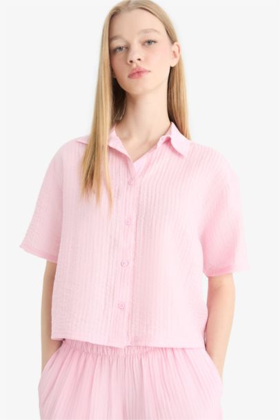 Oversize Fit Shirt Collar Crepe Short Sleeve Shirt