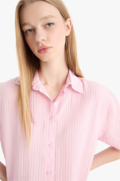 Oversize Fit Shirt Collar Crepe Short Sleeve Shirt