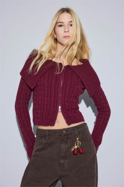 Трикотажный кардиган Regular Fit с открытыми плечами и молнией