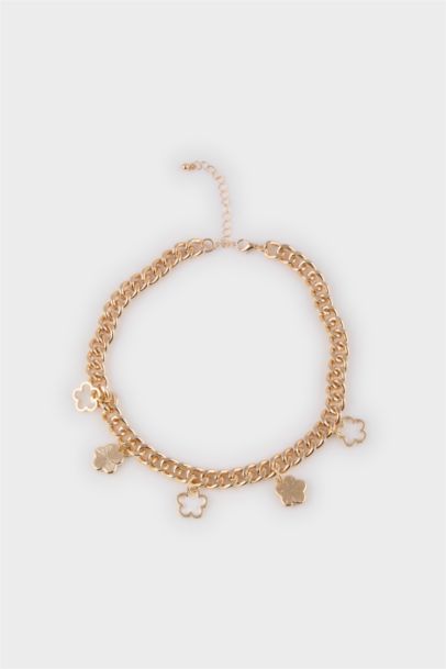 Woman White Floral Thick Chain Gold Necklace