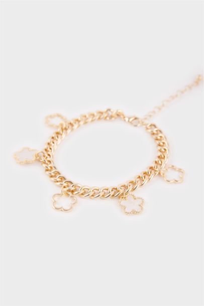 Woman White Floral Gold Thick Chain Bracelet