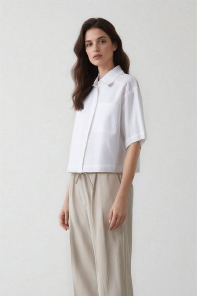 Oversize Fit Shirt Collar Poplin Short Sleeve Shirt