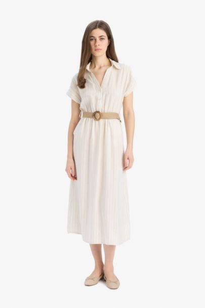 Shirt Collar Linen Blend Short Sleeve Midi Dress