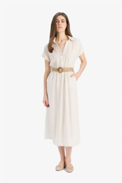 Shirt Collar Linen Blend Short Sleeve Midi Dress