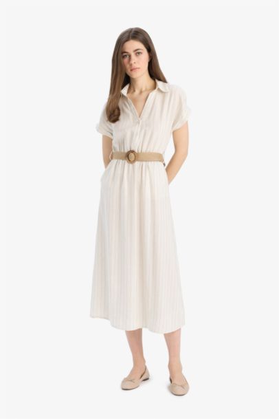 Shirt Collar Linen Blend Short Sleeve Midi Dress