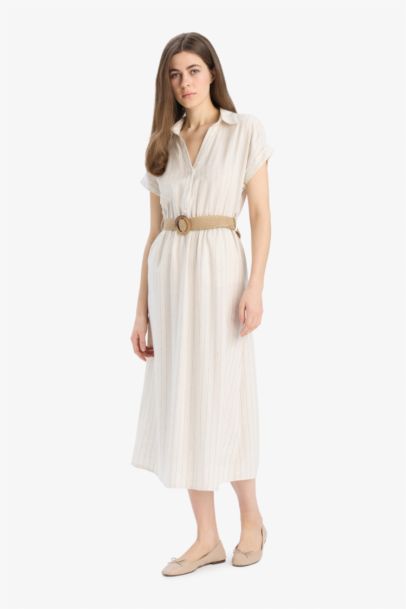 Shirt Collar Linen Blend Short Sleeve Midi Dress