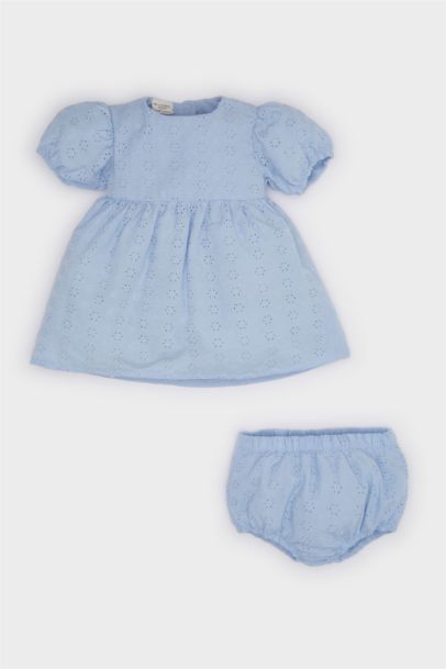 Baby Girl Floral Short Sleeve Brode Dress Panties 2 Piece Set