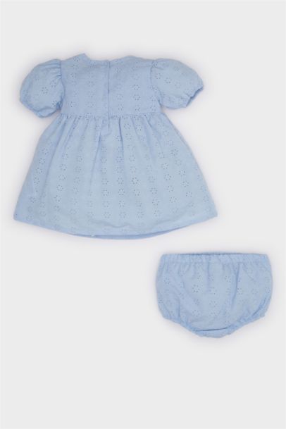 Baby Girl Floral Short Sleeve Brode Dress Panties 2 Piece Set