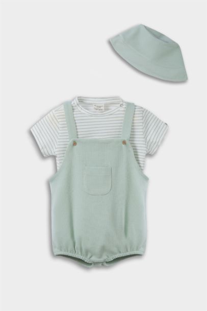 Ensemble T-shirt rayé et Salopette en tissu gaufré avec Chapeau pour bébé garçon