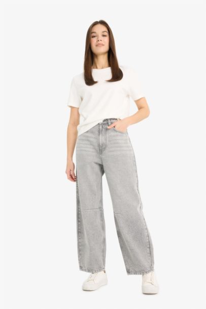 %100 Pamuk Barrel Fıt Yüksek Bel Jean Pantolon