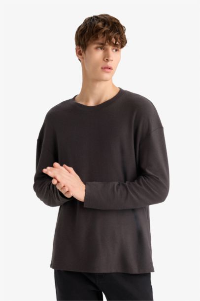 Boxy Fit Crew Neck Cotton Long Sleeve T-Shirt