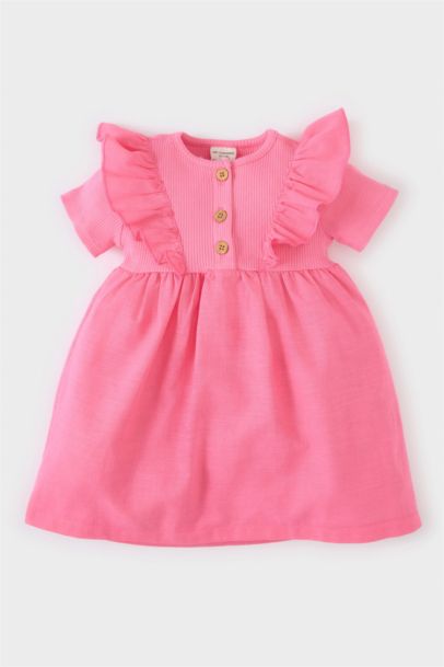 فستان بناتي مضلع قصة عادية نص كم بياقة مستديرة