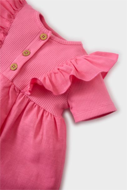 فستان بناتي مضلع قصة عادية نص كم بياقة مستديرة