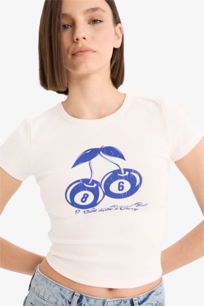 Fitted Bisiklet Yaka Baskılı Ribana Kısa Kollu Tişört