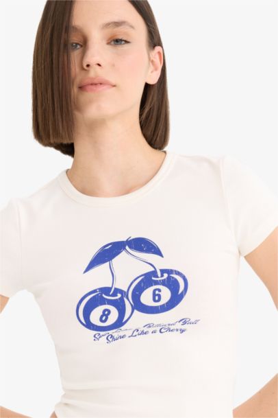 Fitted Bisiklet Yaka Baskılı Ribana Kısa Kollu Tişört