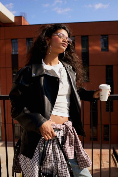 Oversize Fit Zippered Faux Leather Jacket