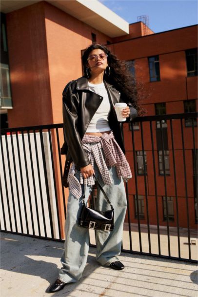 Oversize Fit Zippered Faux Leather Jacket