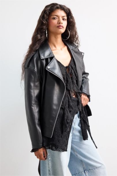 Oversize Fit Zippered Faux Leather Jacket