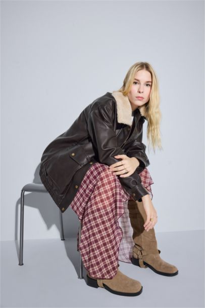 Çıkarılabilir Suni Kürk Yaka Dad Fıt Polo Yaka Tafta Suni Deri Mont