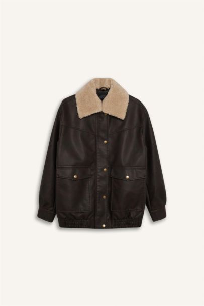 Çıkarılabilir Suni Kürk Yaka Dad Fıt Polo Yaka Tafta Suni Deri Mont