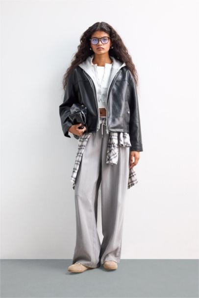 Relax Fit Detachable Hooded Zippered Faux Leather Jacket