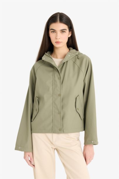 Regular Fit Hooded Faux Leather Rain Jacket