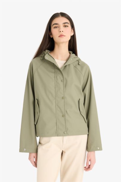 Regular Fit Hooded Faux Leather Rain Jacket