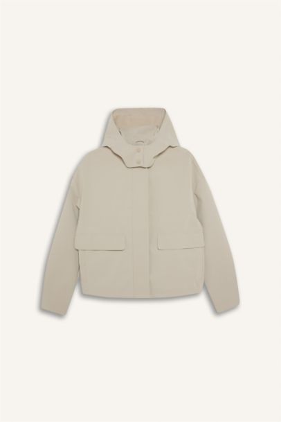 جاكيت مطر جلد صناعي قصة عادية بغطاء للرأس ببطانة صوفية