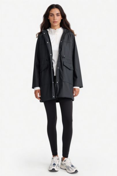 جاكيت مطر جلد صناعي قصة عادية بغطاء للرأس