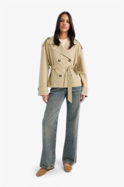 ترانش كوت قصير قصة عادية بحزام وجيب