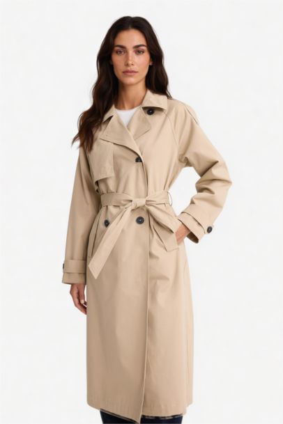 معطف ترانش كوت طويل قطن بحزام قصة عادية