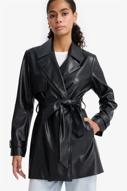 معطف ترانش كوت قصير قصة عادية جلد صناعي بحزام