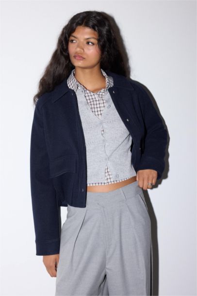 Regular Fit Polo Collar Buttons and Pockets Wool Jacket