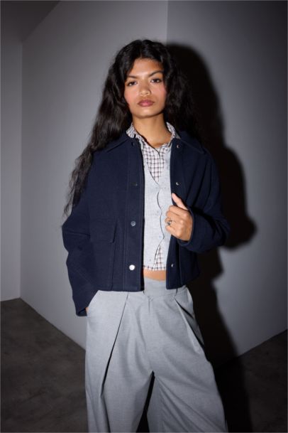 Regular Fit Polo Collar Buttons and Pockets Wool Jacket