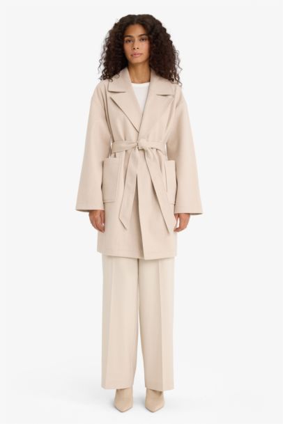 Regular Fit Kuşaklı Kaşe Kaban