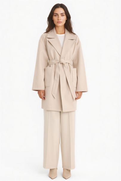 Regular Fit Kuşaklı Kaşe Kaban