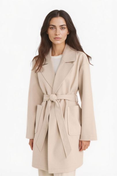 Regular Fit Kuşaklı Kaşe Kaban