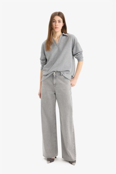 Relax Fit Polo Neck Basic Long Sleeve T-Shirt