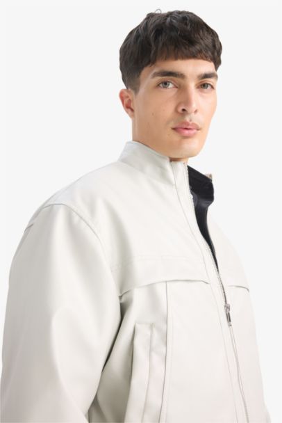 Oversize Fit Geniş Kalıp Dik Yaka Fermuarlı Cepli Suni Deri Ceket Mont