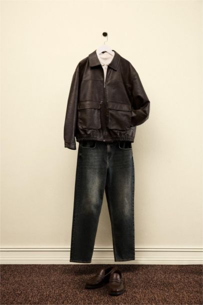 Oversize Fit Zippered Faux Leather Jacket