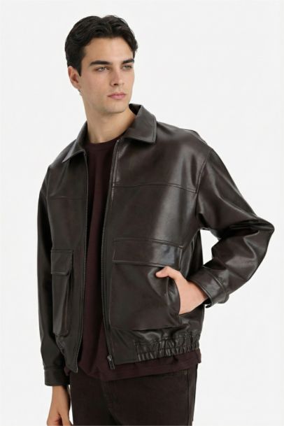 Oversıze Gömlek Yaka Fermuarlı Suni Deri Mont