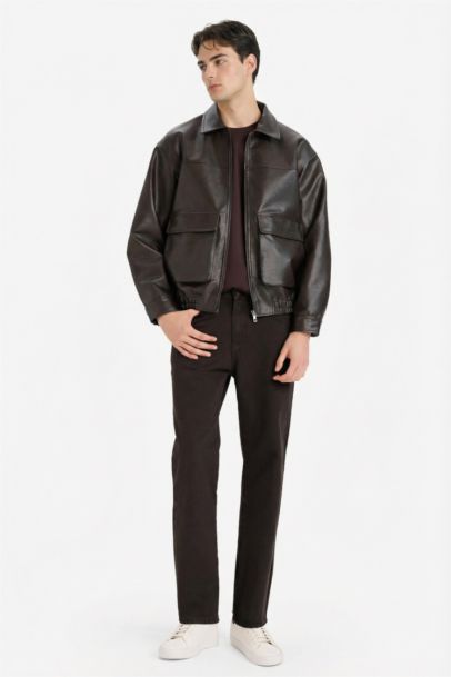 Oversıze Gömlek Yaka Fermuarlı Suni Deri Mont