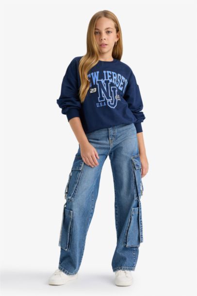 Relax Fit Bisiklet Yaka Baskılı Sweatshirt Kız Çocuk